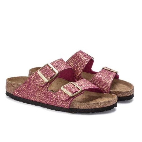 Birkenstock Shoes - BIRKENSTOCK Arizona Shiny Python Sandals in Dark Fuchsia